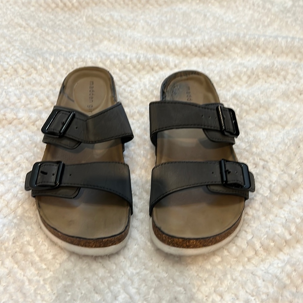 Madden Girl sandals slides with 2 straps across top, dark grey, size 7
